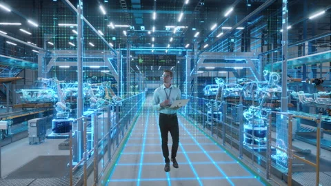 Engineer with Laptop Activates Digital Construction of Autonomous R Stockbeeldmateriaal 296176946