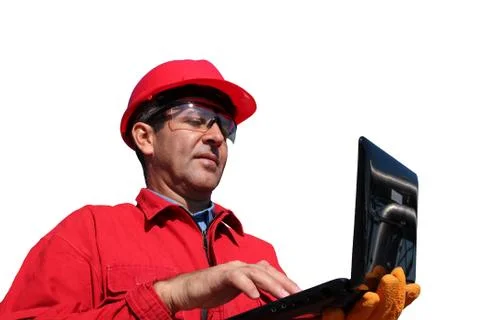 Engineer With Laptop Computer Isolated Over a White Background Stock Photos