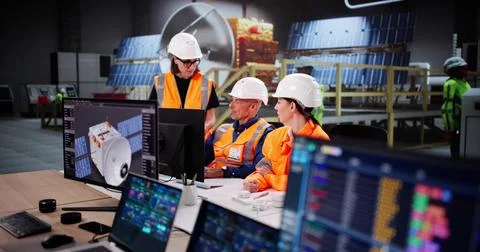 Engineer Leads Diverse Team In Constructing Solar Panels For Rocket Launch Stock Photos