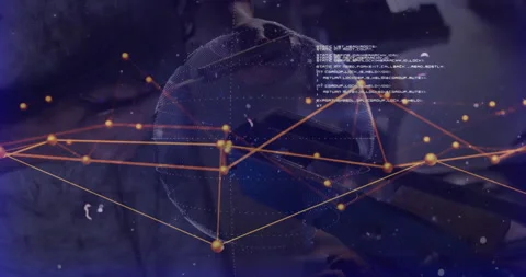 Engineer lifting device initiating rotating globe nodes and code scrolling for Stock Footage 313677890