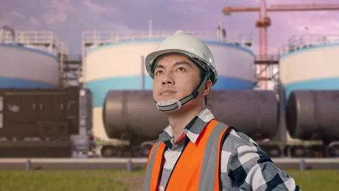 Engineer Looking Around With Arms Akimbo at Oil Refinery 動画素材 340141330