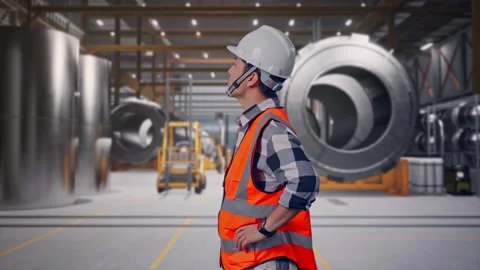 Engineer Looking Around With Arms Akimbo at Heavy Factory Stock Footage 340817621