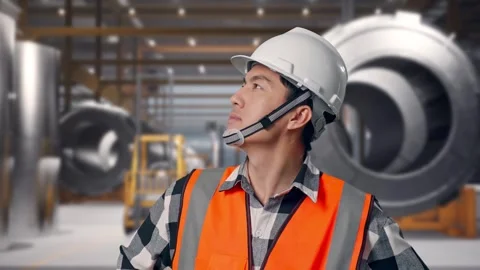 Engineer Looking Around With Arms Akimbo at Heavy Factory Stock Footage 340818434