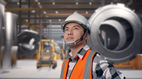 Engineer Looking Around With Arms Akimbo at Heavy Factory Stock Footage 340820121