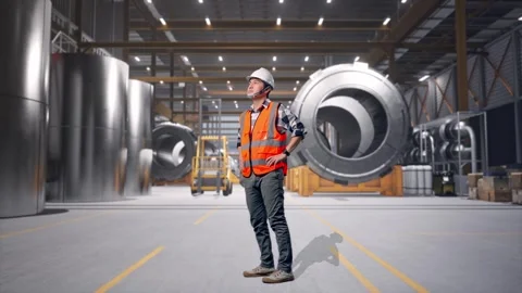 Engineer Looking Around With Arms Akimbo at Heavy Factory Stock Footage 340821449