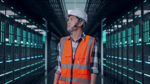 Engineer Looking Around in Data Center Video stock 321990721