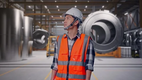 Engineer Looking Around at Heavy Factory Stock Footage 340815781