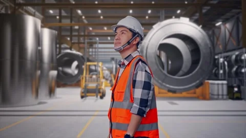 Engineer Looking Around at Heavy Factory Stock Footage 340817592