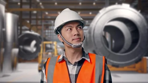 Engineer Looking Around at Heavy Factory 库存影片 340818349