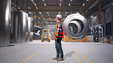 Engineer Looking Around at Heavy Factory Stock Footage 340821433