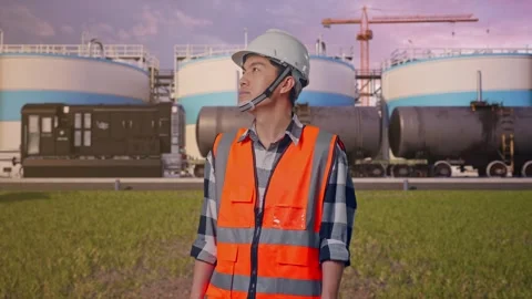 Engineer Looking Around at Oil Refinery Stock Footage 340139884
