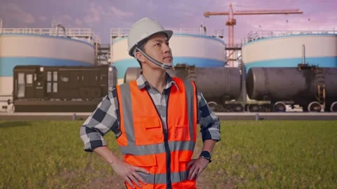 Engineer Looking Around While Standing With Arms Akimbo at Oil Refinery Stock Footage 340139897