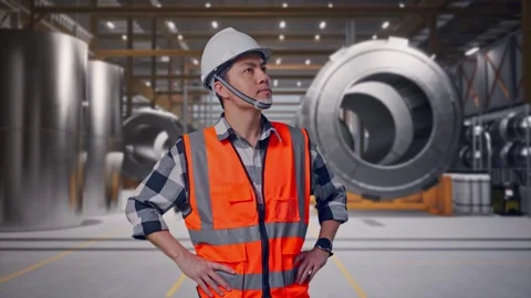Engineer Looking Around While Standing With Arms Akimbo at Heavy Factory Stock Footage 340815787