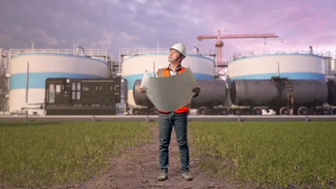 Engineer Looking At Blueprint In His Hands at Oil Refinery Stock Footage 340142584