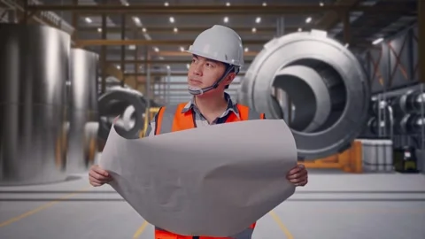 Engineer Looking At Blueprint In His Hands at Heavy Factory Stock Footage 340817553