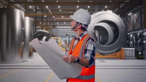 Engineer Looking At Blueprint In His Hands at Heavy Factory Stock Footage 340818115