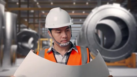 Engineer Looking At Blueprint In His Hands at Heavy Factory 库存影片 340819506