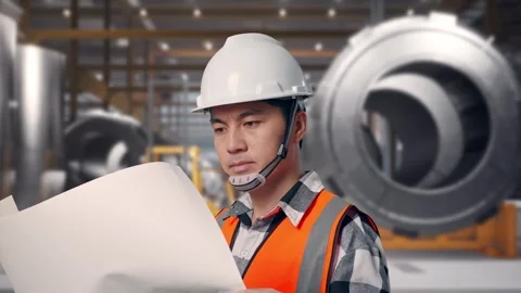 Engineer Looking At Blueprint In His Hands at Heavy Factory Stock Footage 340820897