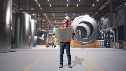 Engineer Looking At Blueprint In His Hands at Heavy Factory 库存影片 340821483
