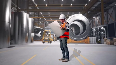 Engineer Looking At Blueprint In His Hands at Heavy Factory Stock Footage 340821972