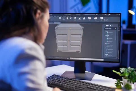 Engineer looking at cad software 3D prototype design concept of container Stock Photos