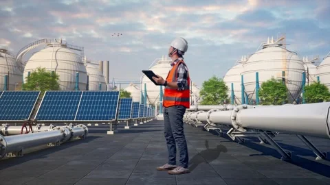 Engineer Looking At The Tablet In His Hand at Energy Complex Stock Footage 330184659