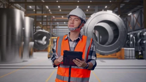 Engineer Looking At The Tablet In His Hand at Heavy Factory Stock Footage 340817153