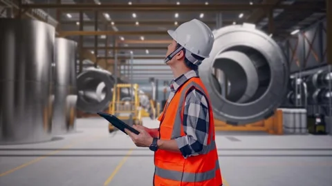 Engineer Looking At The Tablet In His Hand at Heavy Factory Stock Footage 340817963