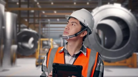 Engineer Looking At The Tablet In His Hand at Heavy Factory Stock Footage 340818510