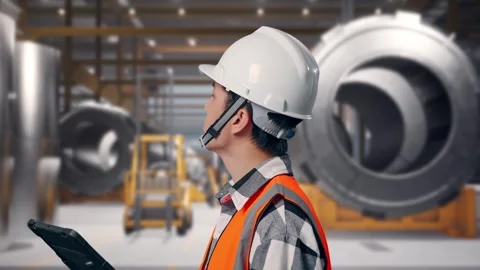 Engineer Looking At The Tablet In His Hand at Heavy Factory Stock Footage 340820673