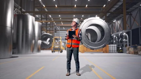 Engineer Looking At The Tablet In His Hand at Heavy Factory Stock Footage 340821338