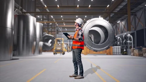 Engineer Looking At The Tablet In His Hand at Heavy Factory Stock Footage 340821788