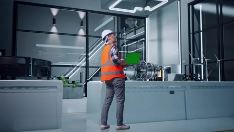Engineer Looks At Green Screen Laptop And Looks Around With Electric Engine 스톡 동영상 275136398