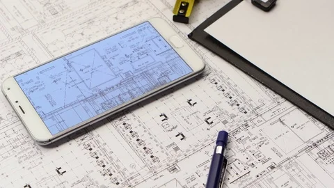 Engineer looks at the phone drawing and overwrites the data itself. Close up Stock Footage 73674801