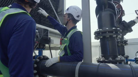 Engineer maintenance hvac cooling tower technician pipe valve inspection at.. Stock Footage 335192164