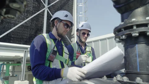 Engineer maintenance hvac cooling tower technician inspection blueprint har.. Stock Footage 335192177