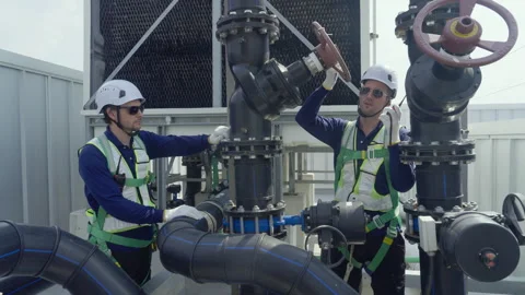 Engineer maintenance hvac cooling tower technician valve pipe rooftop teamw.. Stock Footage 335193636