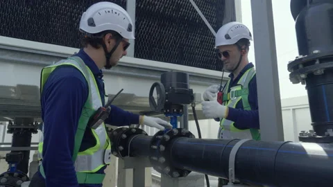 Engineer maintenance hvac cooling tower technician valve pipeline safety su.. Stock Footage 335193979