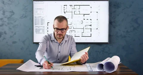 Engineer makes calculations and takes notes in notebook Video stock 243831407