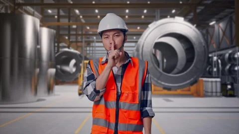 Engineer Making Shh Gesture at Heavy Factory Stock Footage 340816859