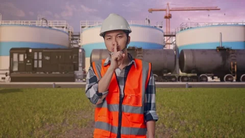 Engineer Making Shh Gesture at Oil Refinery Stock Footage 340140098