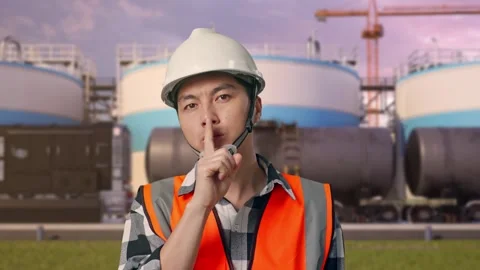 Engineer Making Shh Gesture at Oil Refinery Stock Footage 340141239