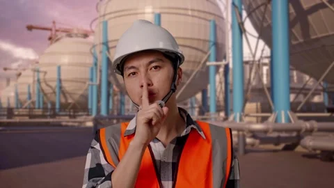 Engineer Making Shh Gesture with Spherical Tank Stock Footage 335067390