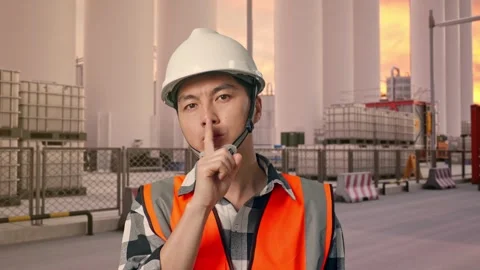 Engineer Making Shh Gesture at Storage Facility Stock Footage 335076948
