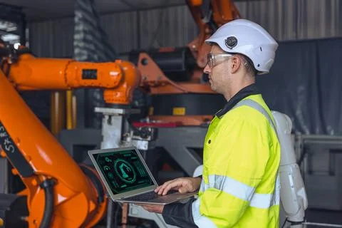 Engineer male using laptop computer control operate industry robot arm mach.. Stock-Fotos
