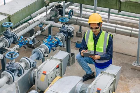 Engineer male work checking water pipe inspecting valve testing water pump. Foto stock