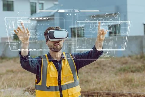 Engineer male worker using VR visual reality technology in construction ind.. Stockfoto's