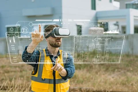 Engineer male worker using VR visual reality technology in construction ind.. Stockfoto's