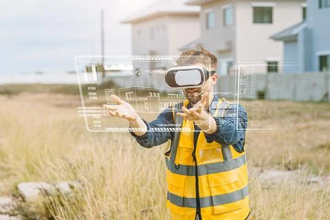 Engineer male worker using VR visual reality technology in construction ind.. Stockfoto's
