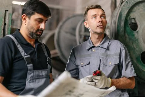 Engineer male workers team working service maintenance machine looking at b.. Stock Photos